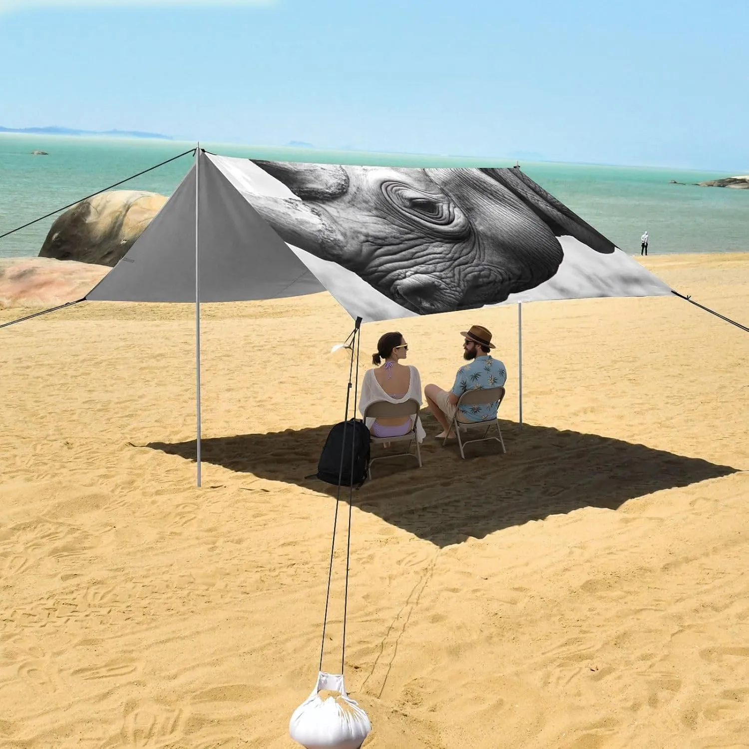 Rhino Black White Photo Rhino Canopy Tent Beach 9.2 × 10.5 FT Sun Shade Outdoor Patio Large Windproof Camping Sun Shelter Yard with Sandbags Anchor