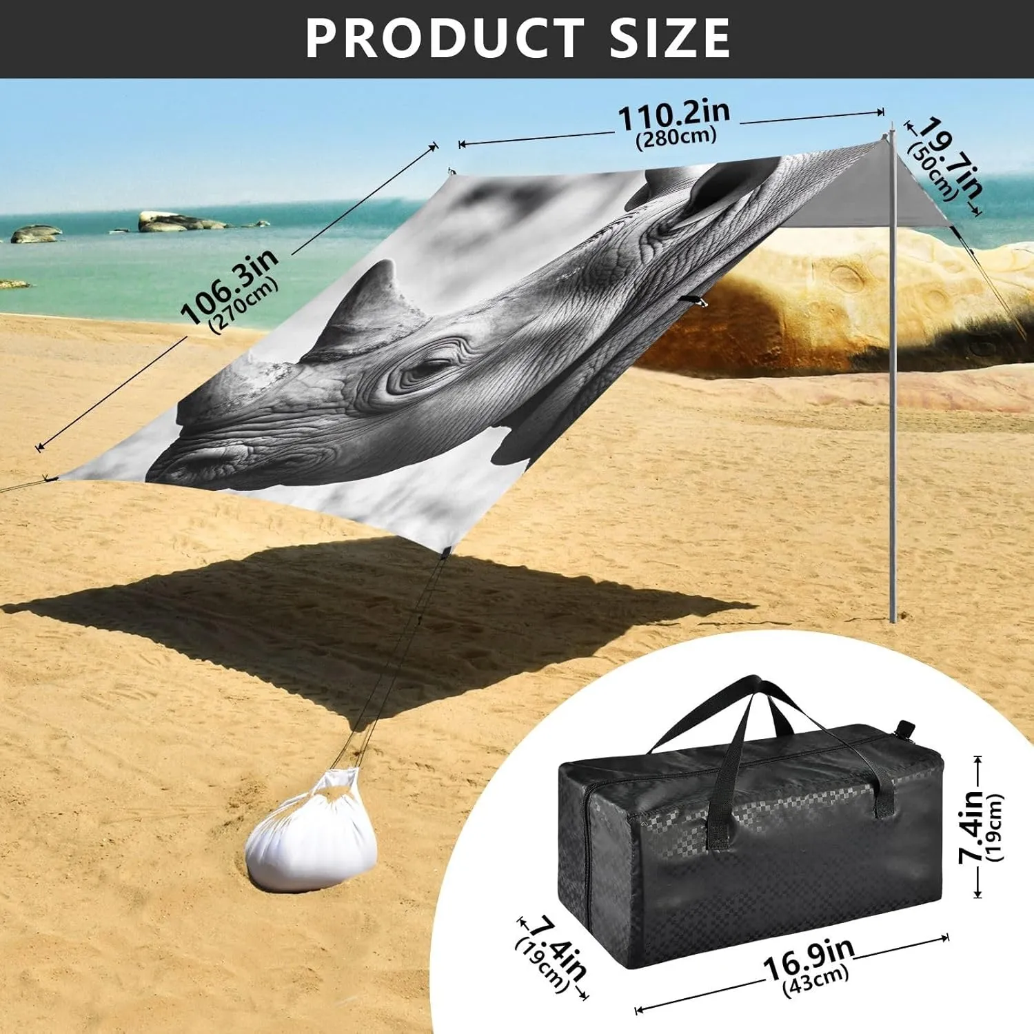 Rhino Black White Photo Rhino Canopy Tent Beach 9.2 × 10.5 FT Sun Shade Outdoor Patio Large Windproof Camping Sun Shelter Yard with Sandbags Anchor