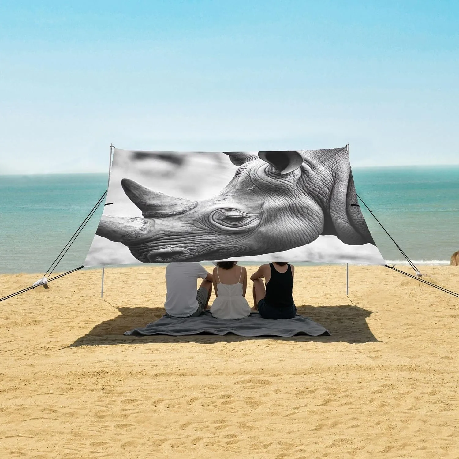 Rhino Black White Photo Rhino Canopy Tent Beach 9.2 × 10.5 FT Sun Shade Outdoor Patio Large Windproof Camping Sun Shelter Yard with Sandbags Anchor
