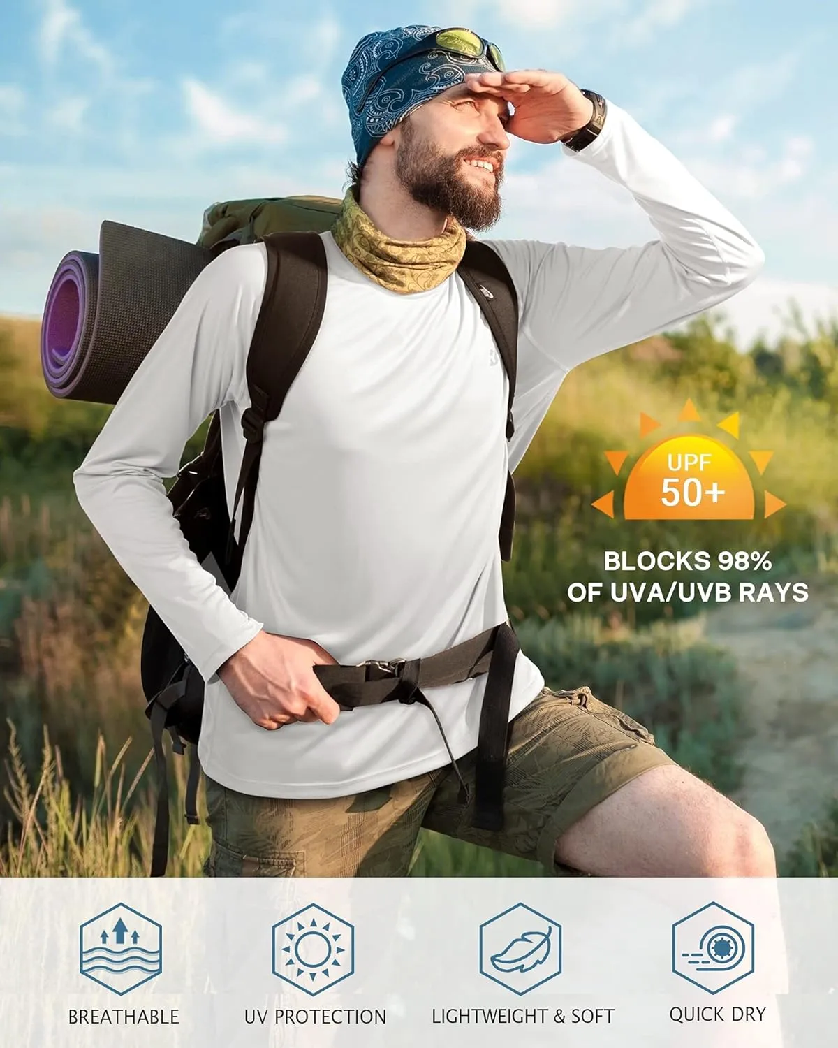 Roadbox Mens UPF 50  UV Sun Protection Shirts Outdoor Long Sleeve SPF Rash Guard for Fishing Hiking Swimming Running