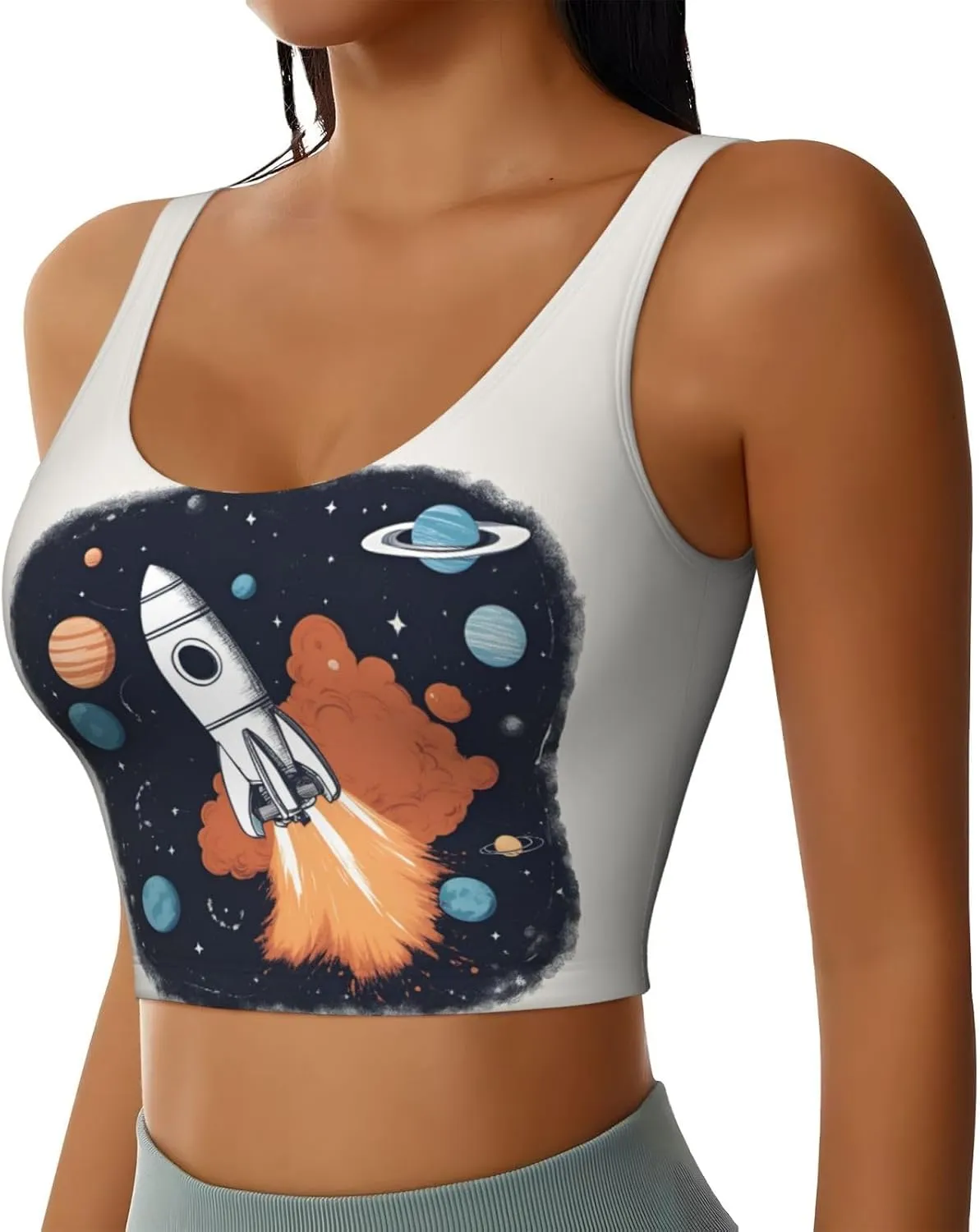Rocket In Space Print Sports Bra For Women,Padded,Racerback,Perfect For Yoga,Workout And Running