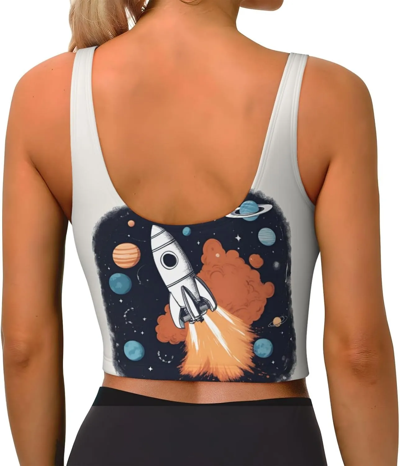 Rocket In Space Print Sports Bra For Women,Padded,Racerback,Perfect For Yoga,Workout And Running