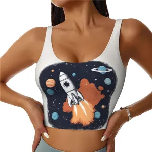 Rocket In Space Print Sports Bra For Women,Padded,Racerback,Perfect For Yoga,Workout And Running