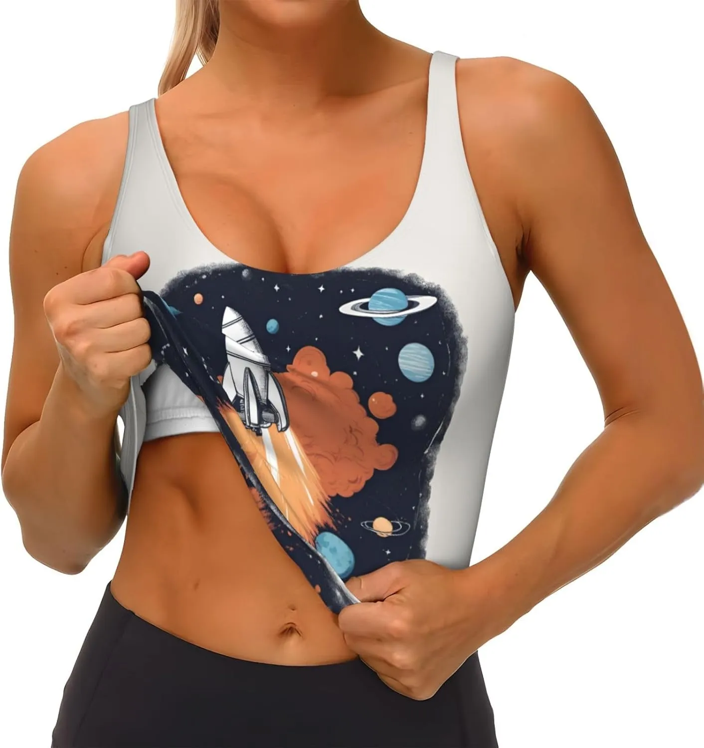 Rocket In Space Print Sports Bra For Women,Padded,Racerback,Perfect For Yoga,Workout And Running