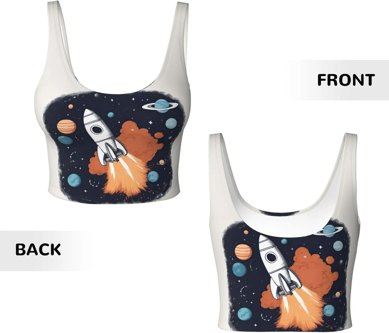 Rocket In Space Print Sports Bra For Women,Padded,Racerback,Perfect For Yoga,Workout And Running