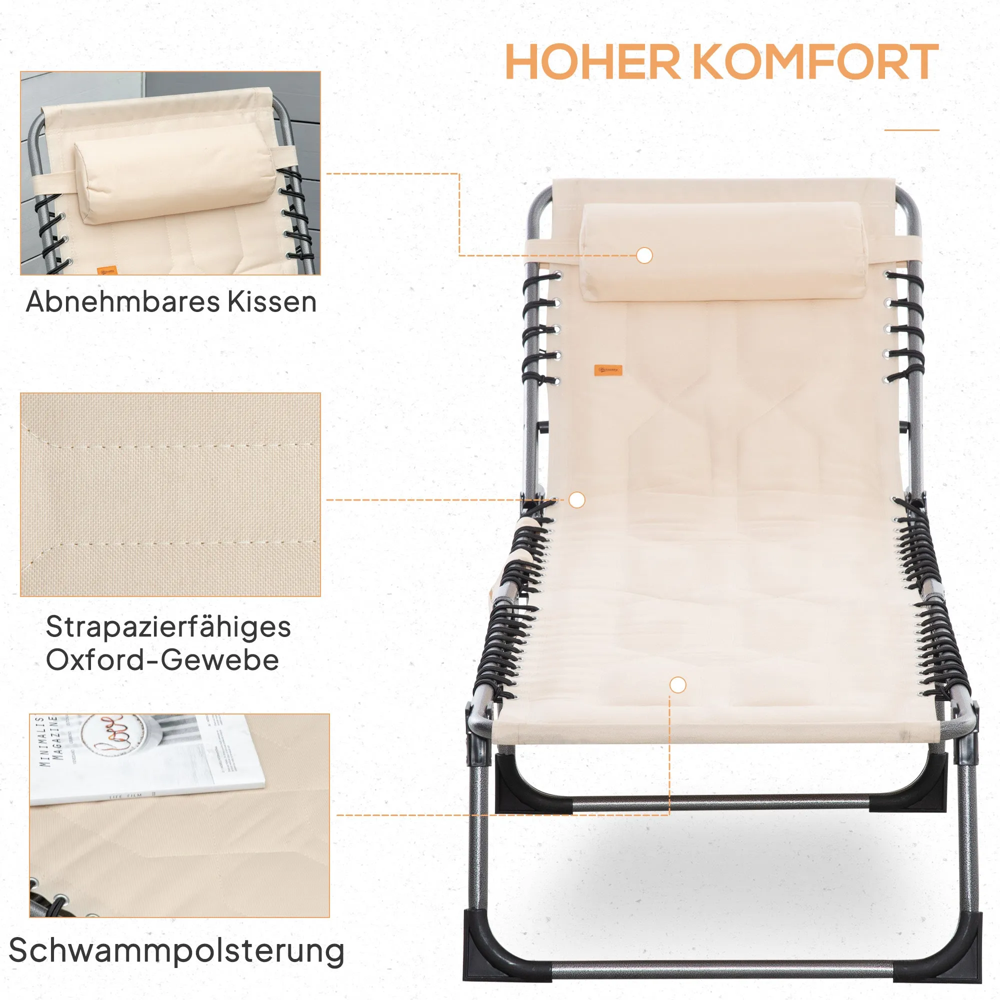 Rootz Foldable Sun Lounger - Garden Lounger - Folding Chair - 5-Stage Backrest - Oxford Fabric - 188 x 57 x 30 cm - Brown