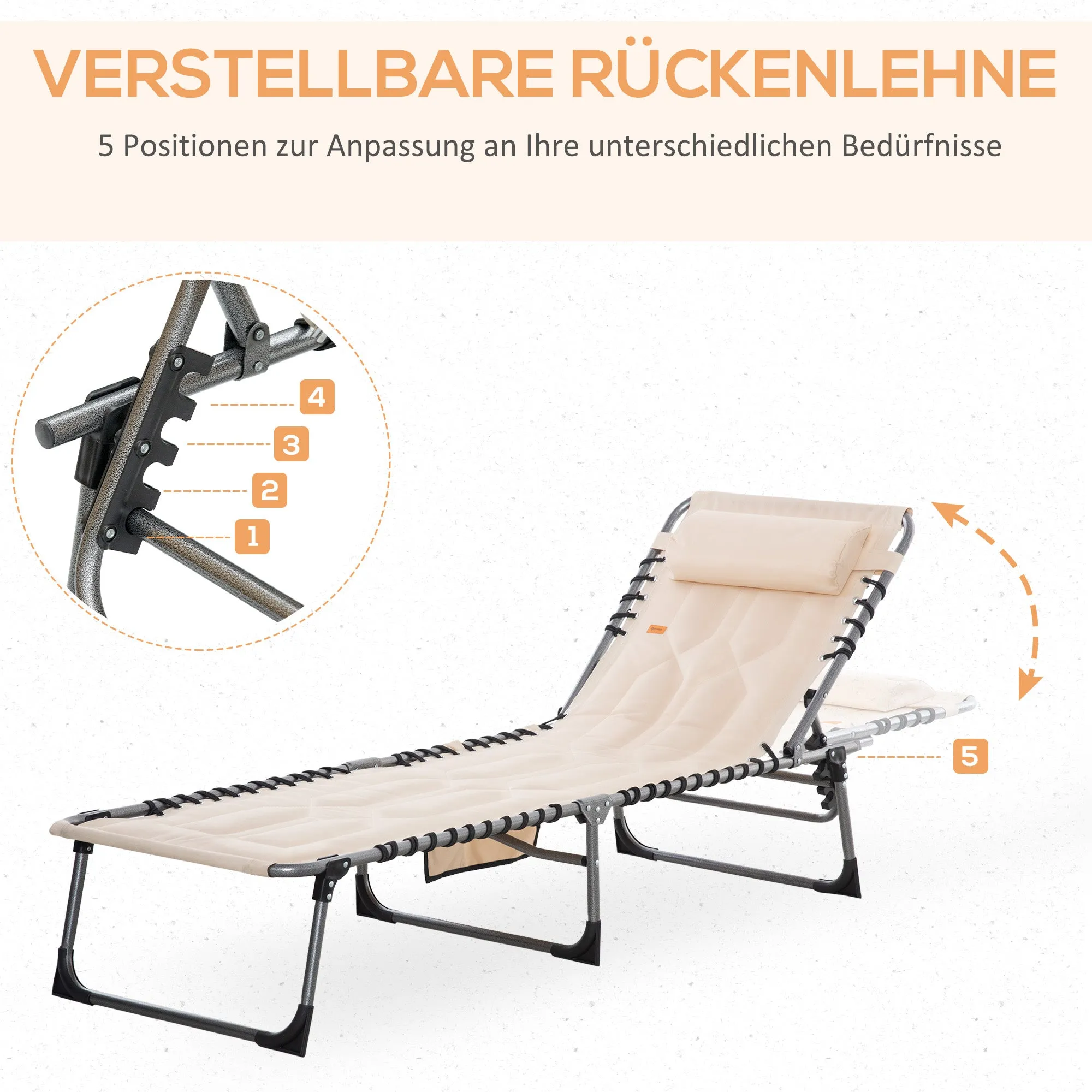 Rootz Foldable Sun Lounger - Garden Lounger - Folding Chair - 5-Stage Backrest - Oxford Fabric - 188 x 57 x 30 cm - Brown