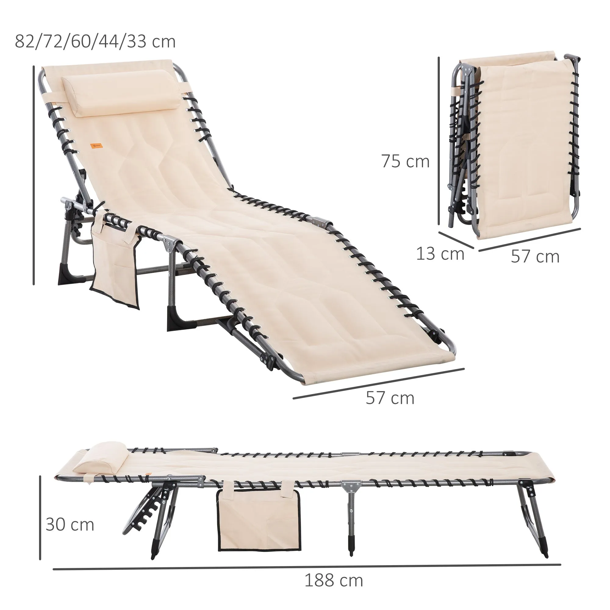 Rootz Foldable Sun Lounger - Garden Lounger - Folding Chair - 5-Stage Backrest - Oxford Fabric - 188 x 57 x 30 cm - Brown