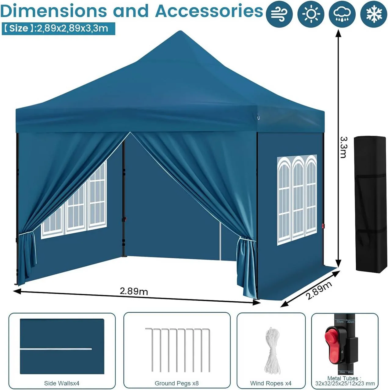 Rootz Folding Garden Gazebo - Outdoor Pavilion - Pop Up Canopy - UV Protection - 289cm x 330cm x 289cm