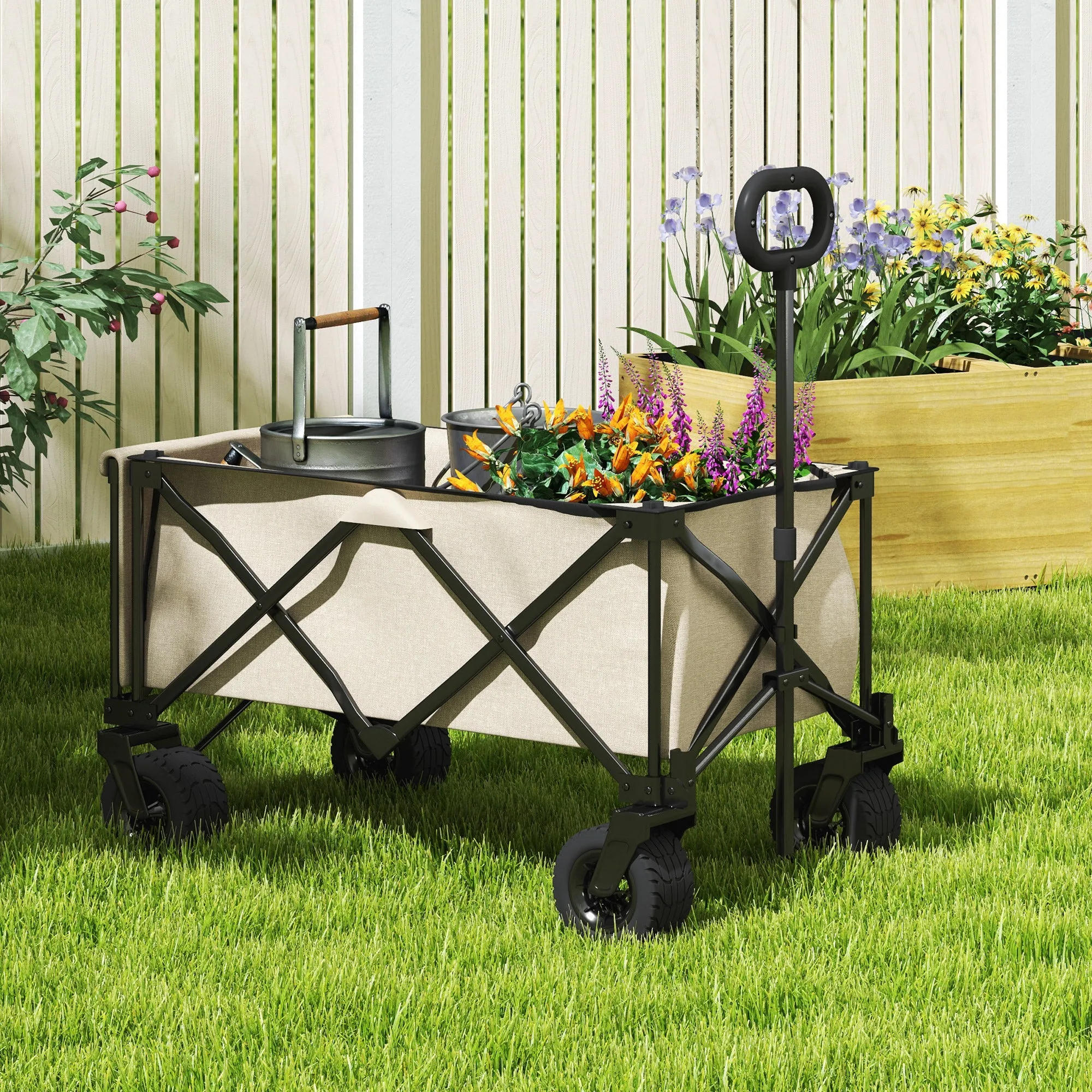 Rootz Garden Car - Foldable Transport Cart - Resilient Handcart - 100kg Capacity - 90cm x 48cm x 92cm - Brown Oxford Fabric