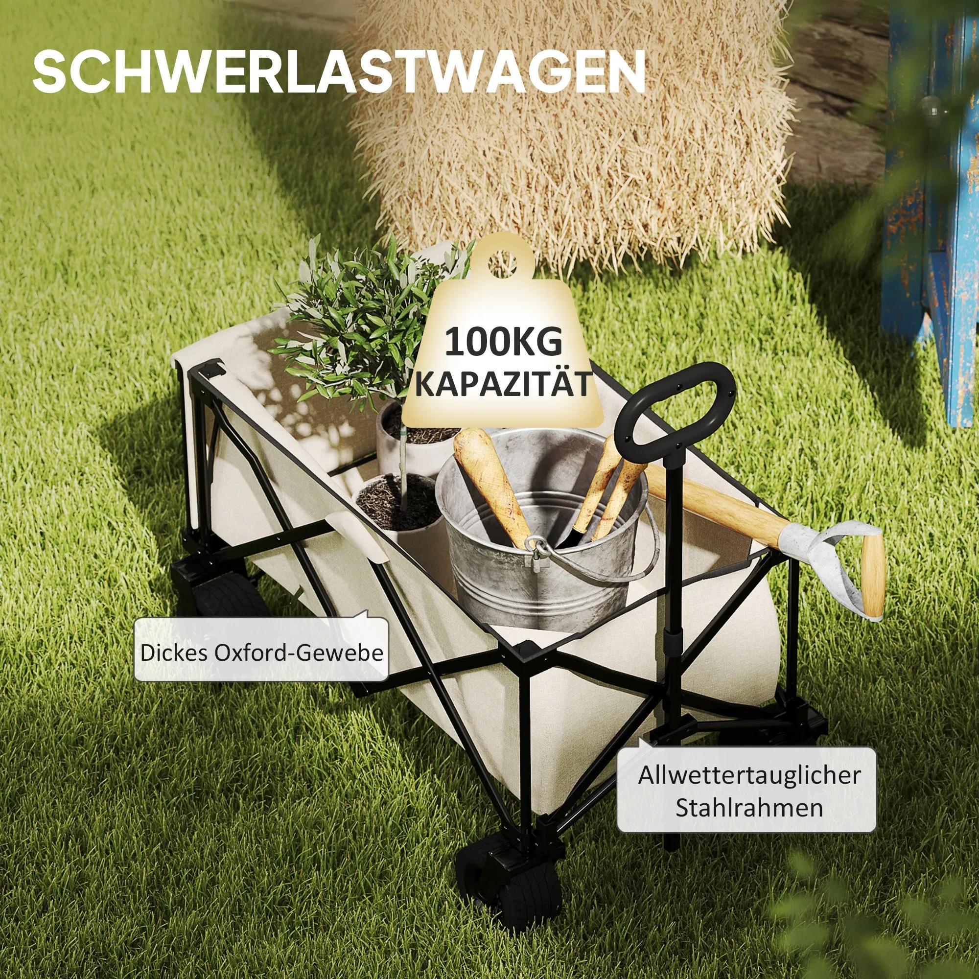 Rootz Garden Car - Foldable Transport Cart - Resilient Handcart - 100kg Capacity - 90cm x 48cm x 92cm - Brown Oxford Fabric
