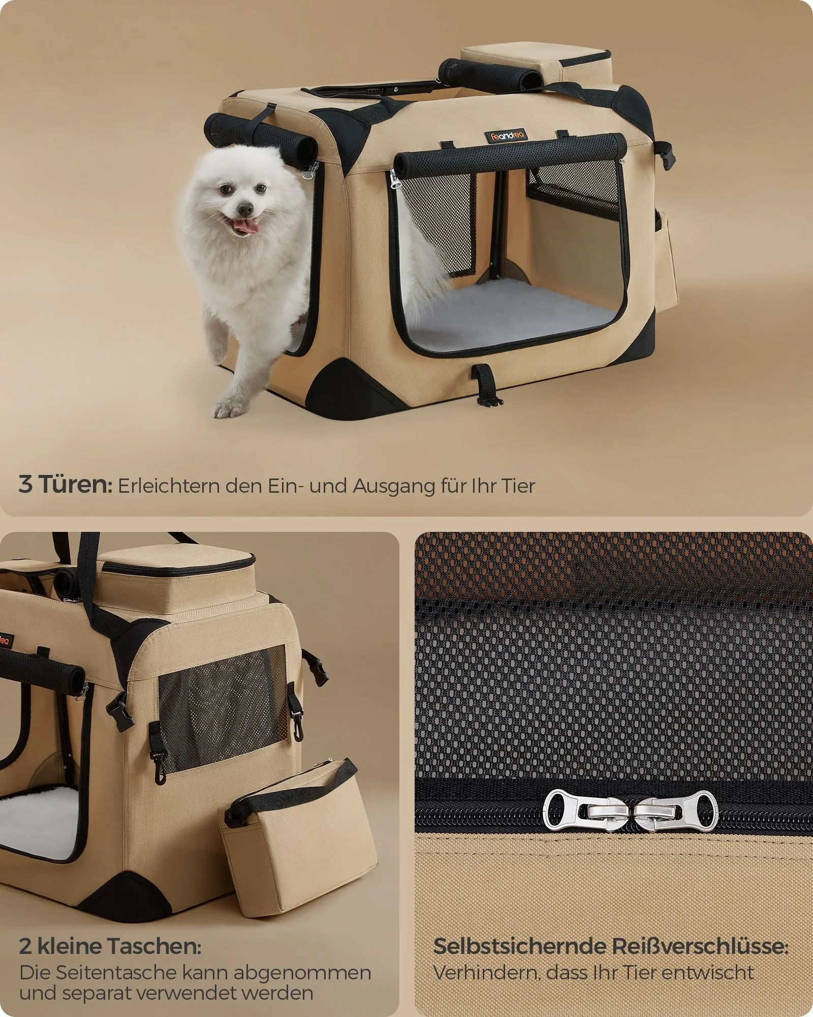 Rootz XXL Dog Crate - Pet Kennel - Portable Cage - Metal Frame - 600D Oxford Fabric - PVC Coating - 91cm x 63cm x 63cm - camel brown