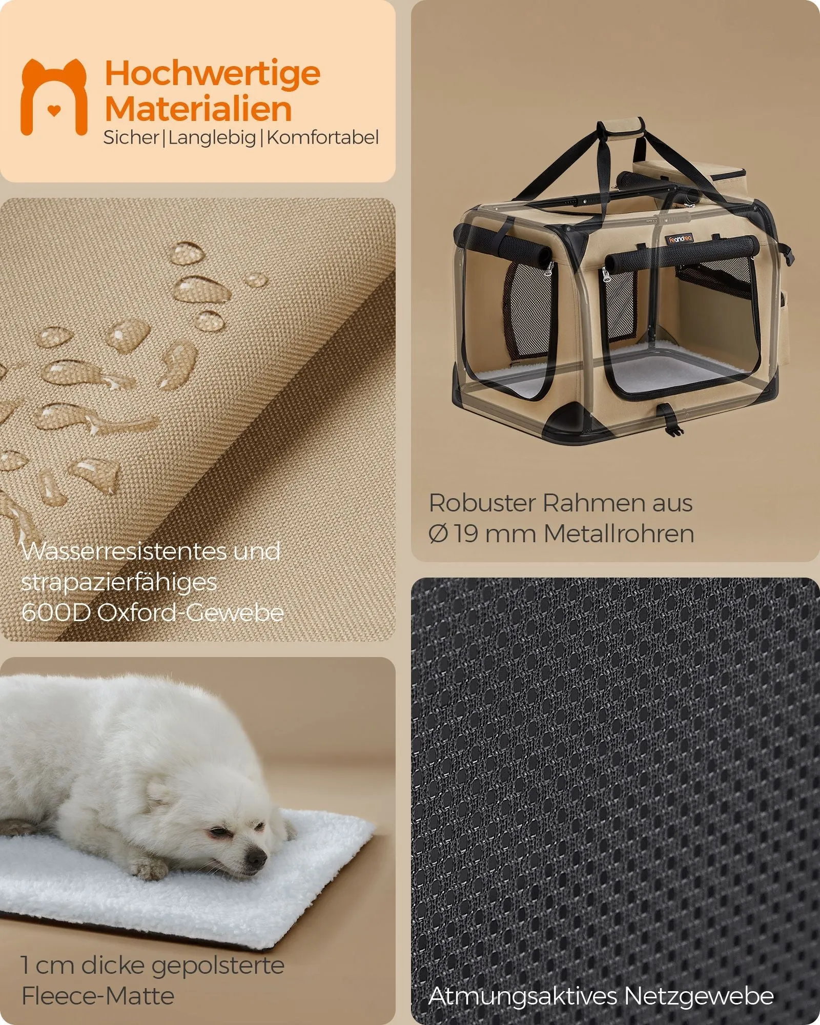 Rootz XXL Dog Crate - Pet Kennel - Portable Cage - Metal Frame - 600D Oxford Fabric - PVC Coating - 91cm x 63cm x 63cm - camel brown