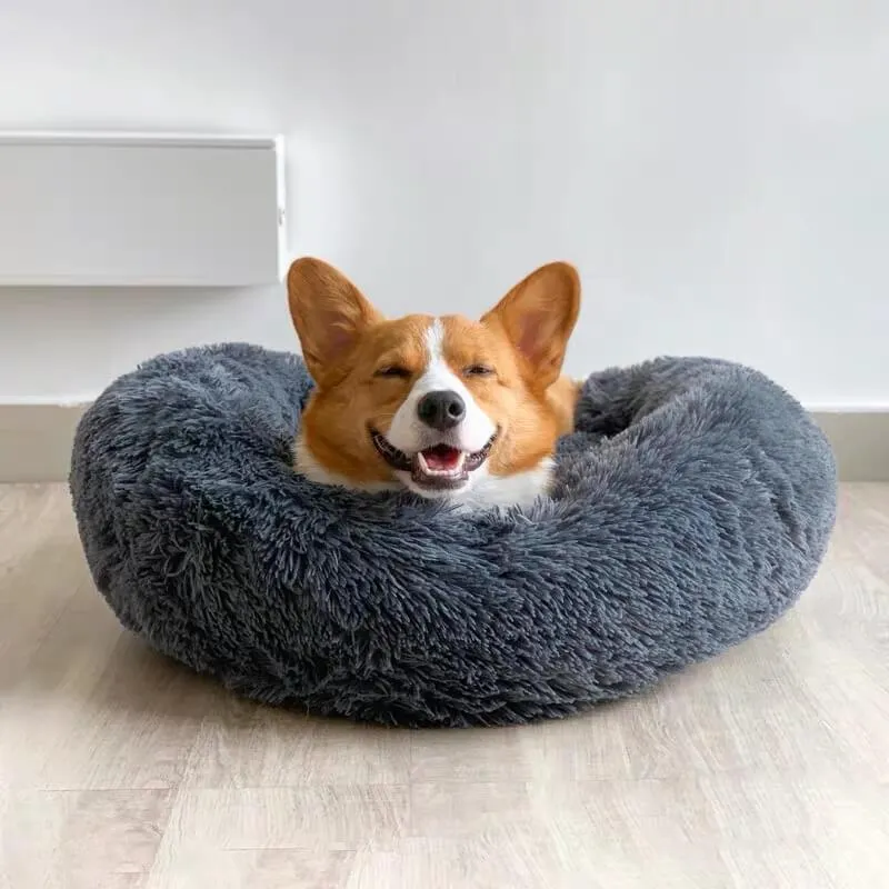 Round Plush Calming Donut Pet Bed for Small, Medium, Large Pets