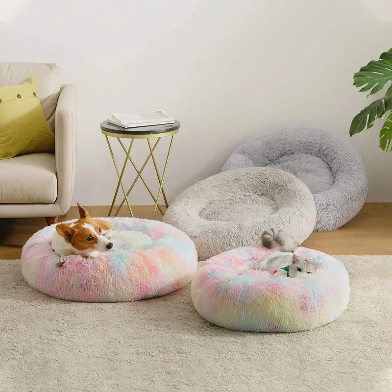 Round Rainbow Extra Plush Calming Donut Dog Beds - Super-Soft, Portable, and Washable Pet Bed for Dogs and Cats by Taavita