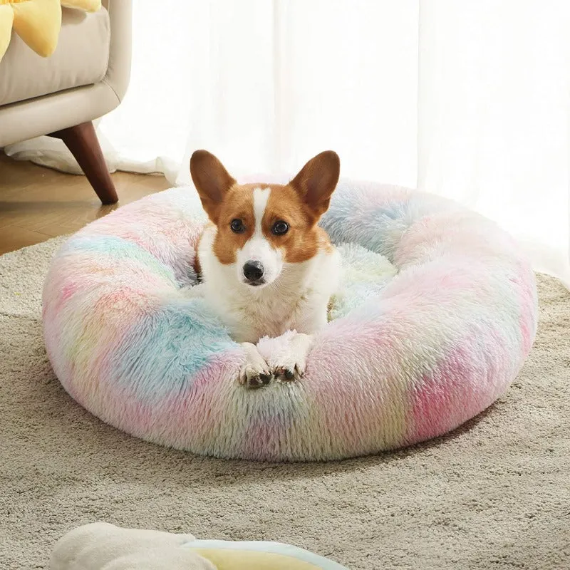 Round Rainbow Extra Plush Calming Donut Dog Beds - Super-Soft, Portable, and Washable Pet Bed for Dogs and Cats by Taavita
