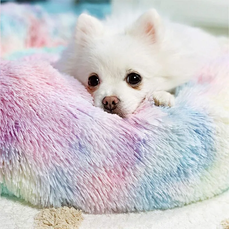 Round Rainbow Extra Plush Calming Donut Dog Beds - Super-Soft, Portable, and Washable Pet Bed for Dogs and Cats by Taavita