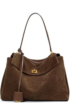 Roymi Genuine Leather Large Capacity Single Shoulder Handbag Underarm Bag Suede Nubuck Cowhide Tote Bag(Coffee L)
