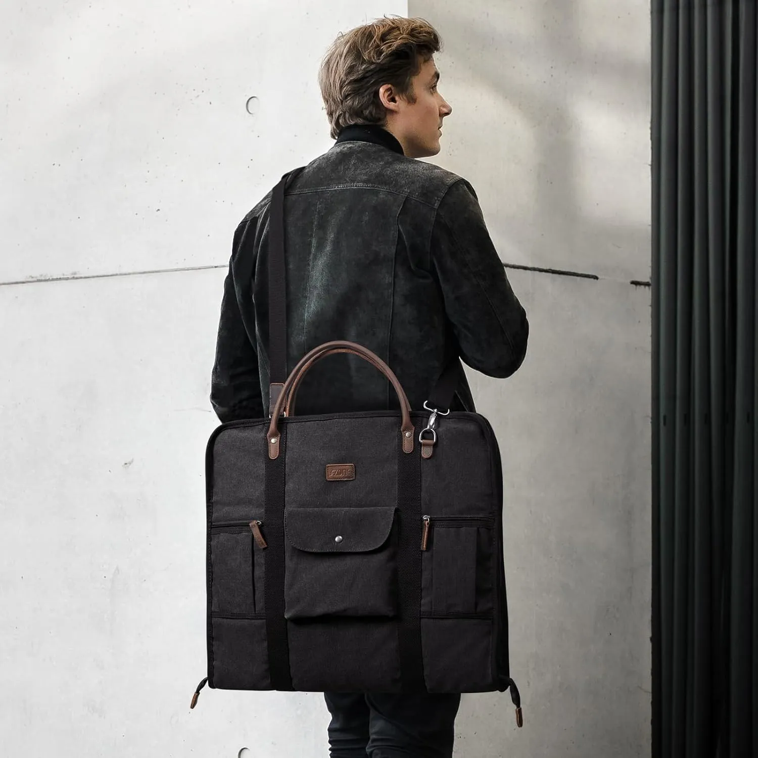 S-ZONE Carry on Garment Bag for Business Travel Canvas Leather Men Suit Cover