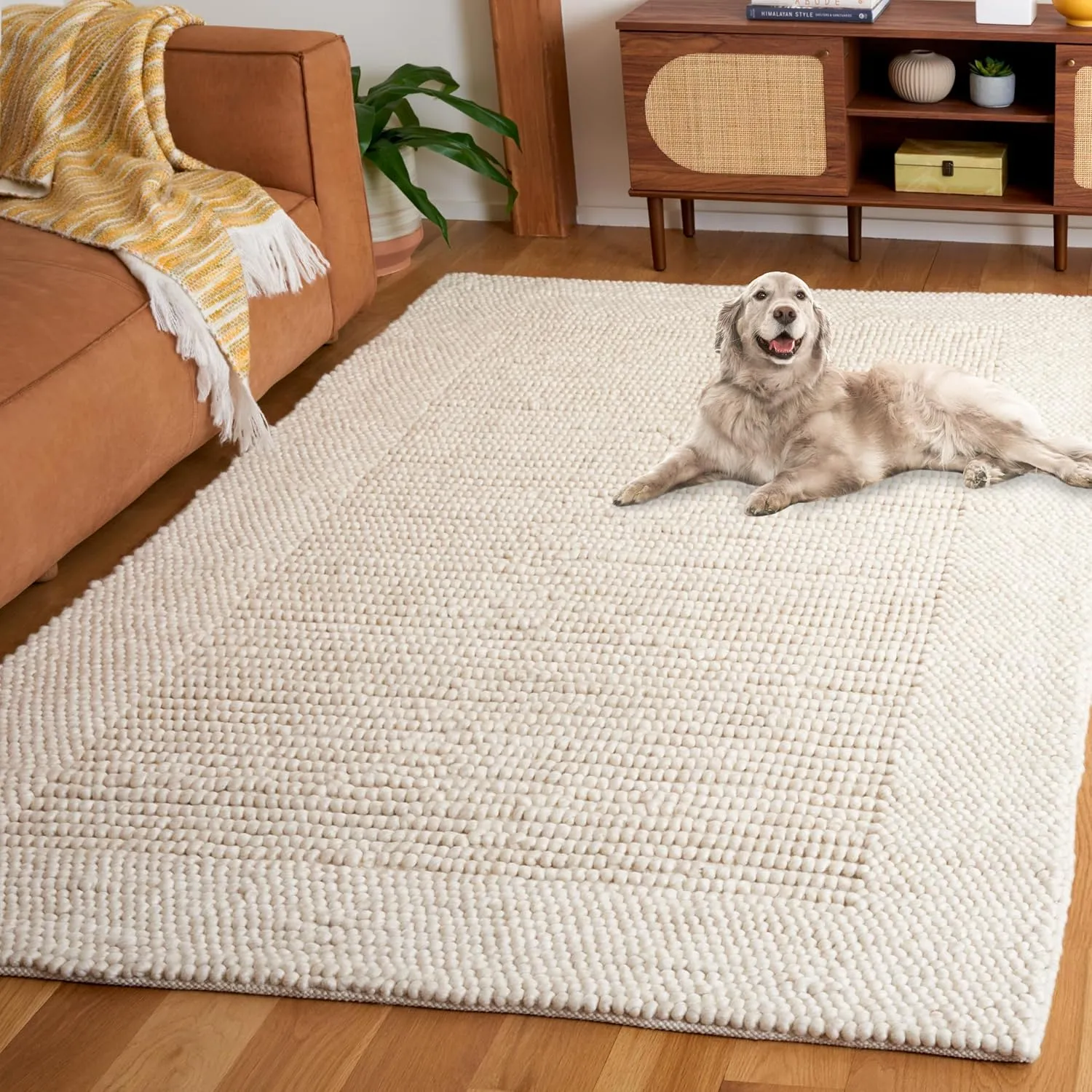 SAFAVIEH Natura Collection Area Rug - 5' x 8', Ivory, Border Design, Handmade Wool, Ideal for The Living Room, Bedroom, Dining Room (NAT130A-5)