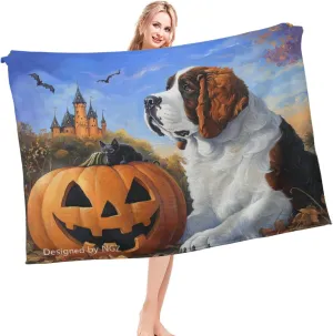 Saint Bernard Dog Halloween Throw Blanket, Castle and Pumpkin Blanket, Cozy Plush Flannel Blanket for Bed Couch Sofa Bedroom Decor and Travel, Teens Boyfriend 50x60 Inch