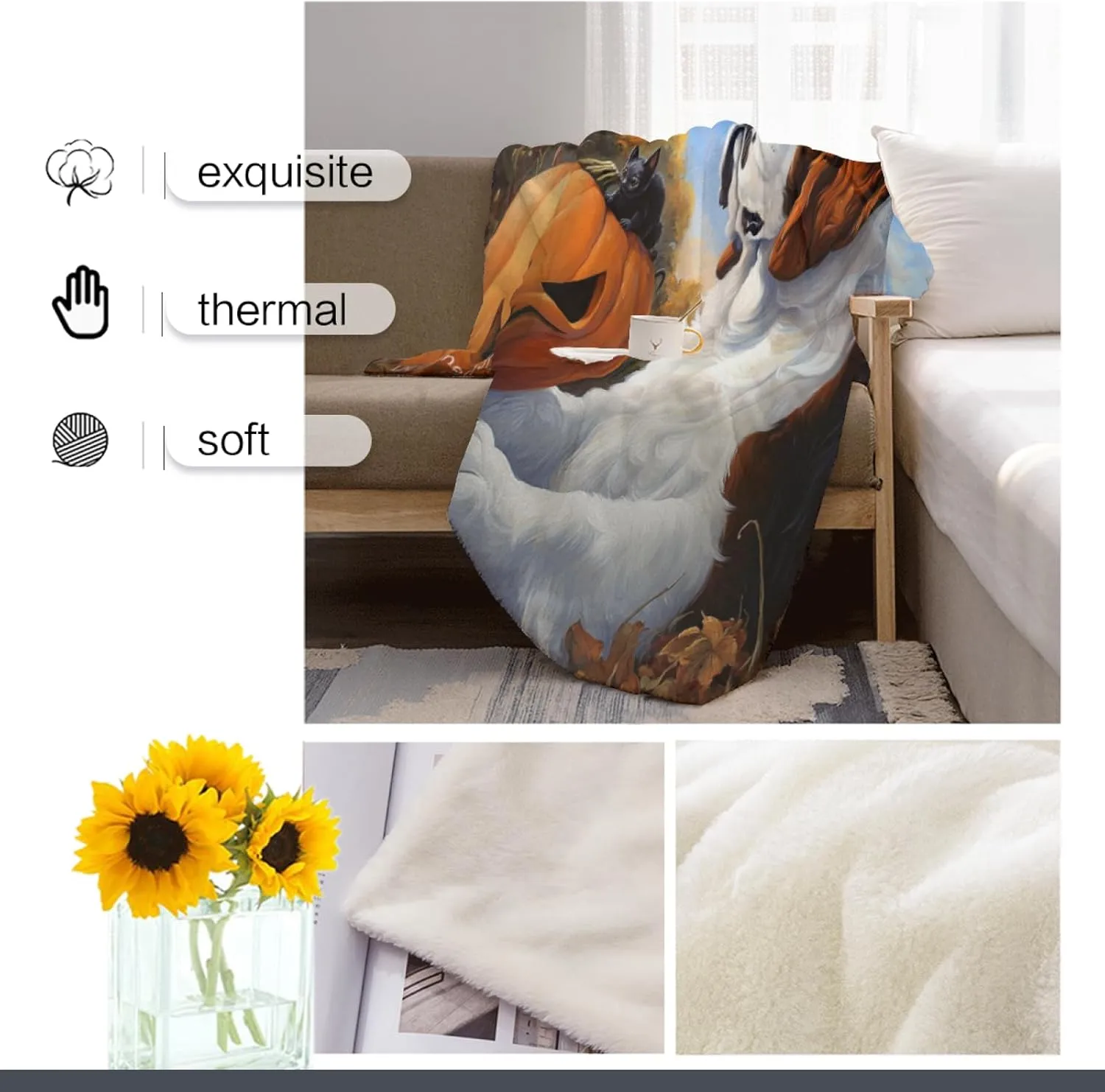 Saint Bernard Dog Halloween Throw Blanket, Castle and Pumpkin Blanket, Cozy Plush Flannel Blanket for Bed Couch Sofa Bedroom Decor and Travel, Teens Boyfriend 50x60 Inch