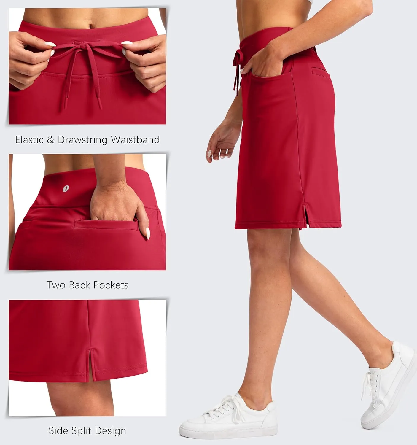 SANTINY Women's 20'' Knee Length Skorts Skirts 6 Pockets High Waisted Drawstring Long Athletic Tennis Golf Skirt Women