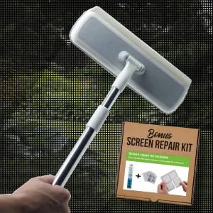Screen-Be-Clean All Purpose Screen Cleaner Brush, Duster, Window Squeegee Tool Kit for Wet and Dry Use on Glass Windows, Mesh Screens, and Pet Hair Remover. Plus Bonus Screen Repair Kit