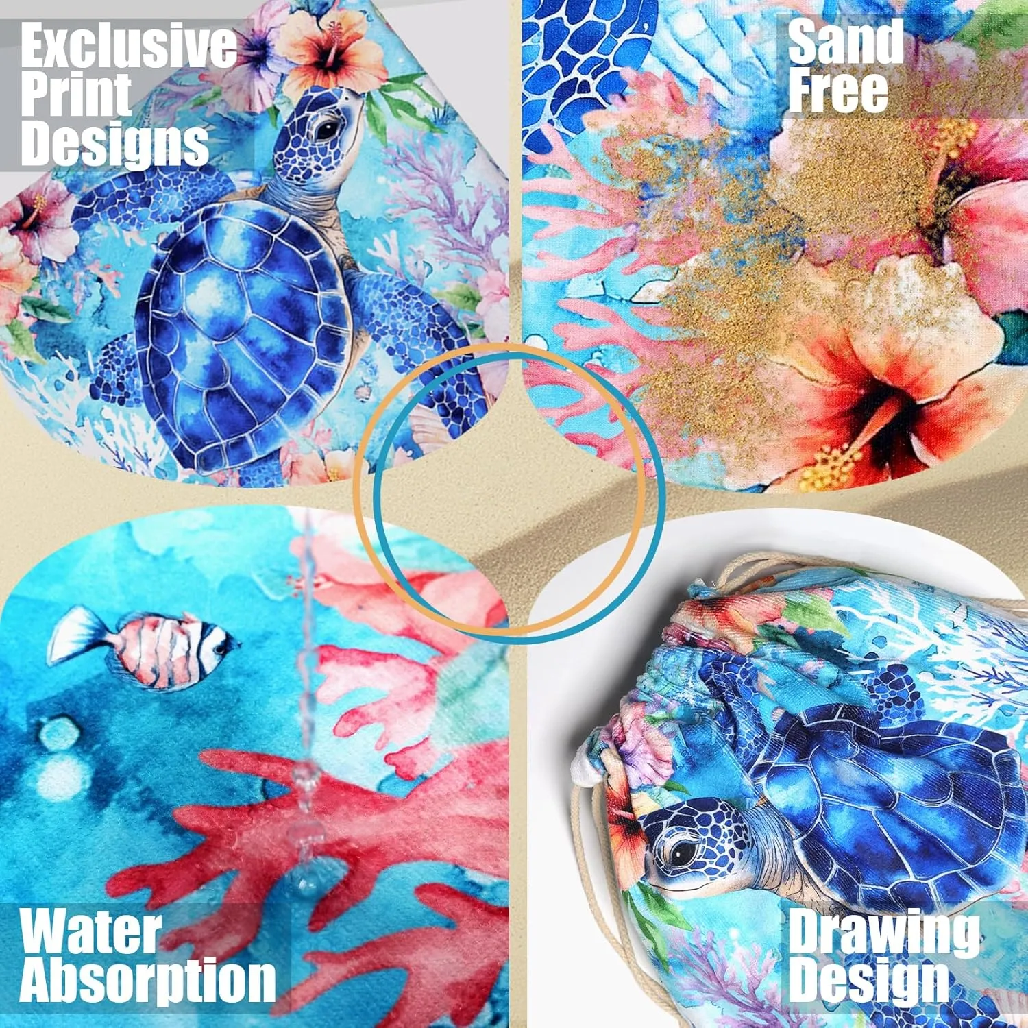Sea Turtle Beach Towel Bag - Summer Multi-Functional Microfiber Beach Blanket Flower Printed Drawstring Bag for Travel