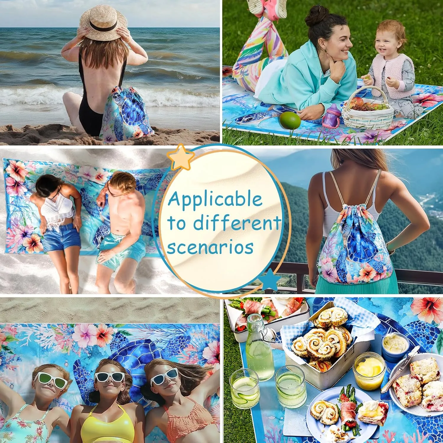 Sea Turtle Beach Towel Bag - Summer Multi-Functional Microfiber Beach Blanket Flower Printed Drawstring Bag for Travel