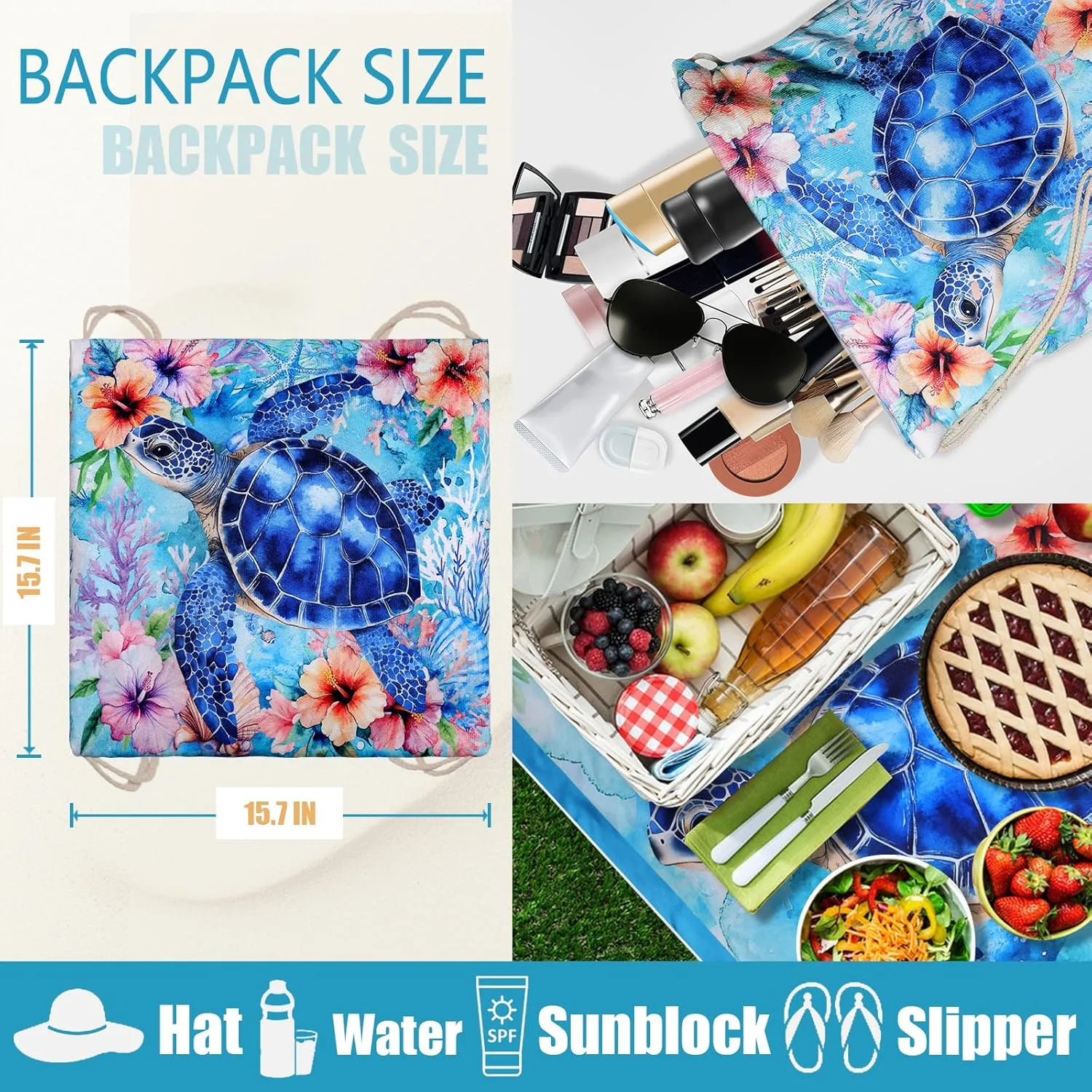 Sea Turtle Beach Towel Bag - Summer Multi-Functional Microfiber Beach Blanket Flower Printed Drawstring Bag for Travel