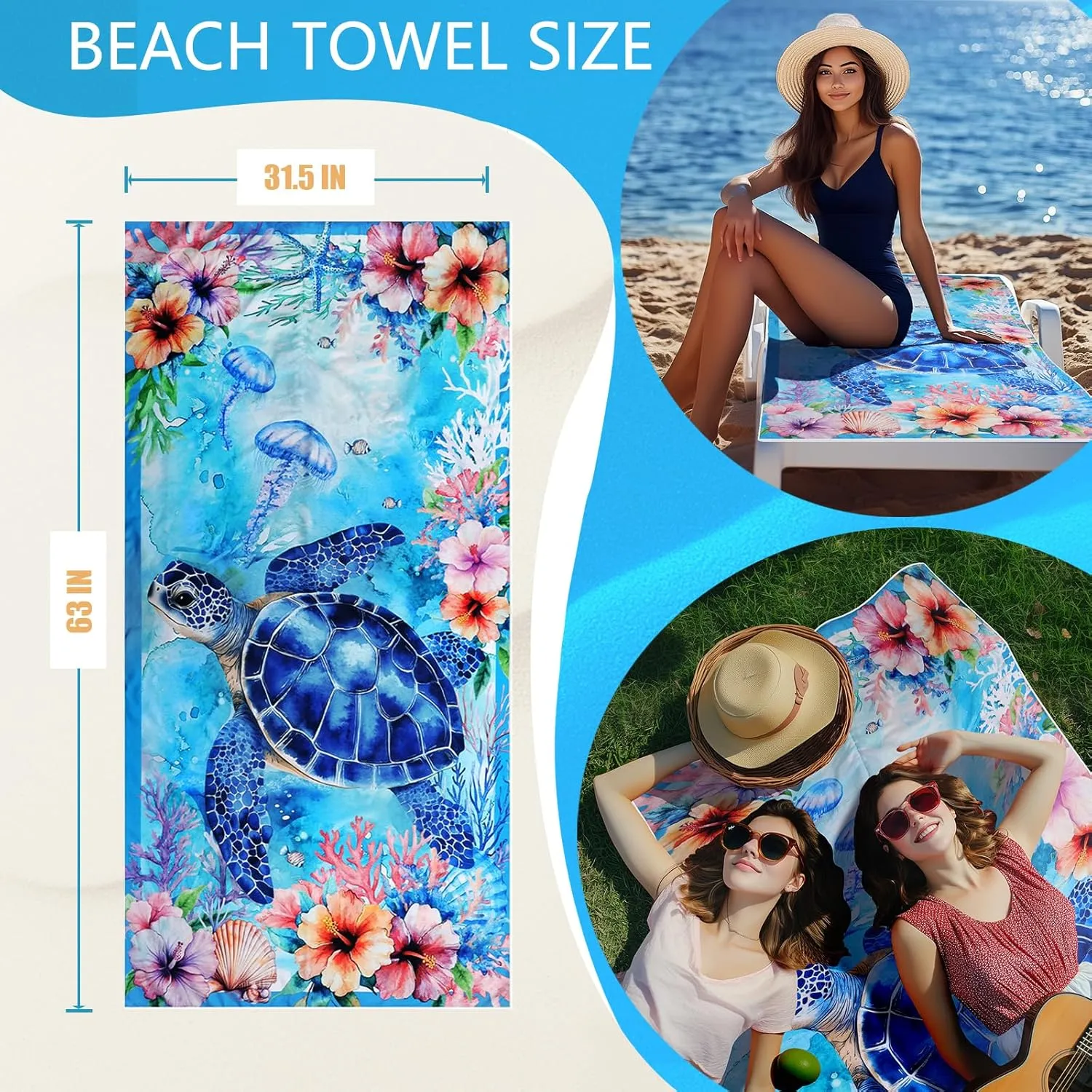Sea Turtle Beach Towel Bag - Summer Multi-Functional Microfiber Beach Blanket Flower Printed Drawstring Bag for Travel