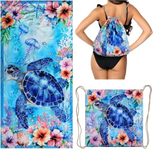 Sea Turtle Beach Towel Bag - Summer Multi-Functional Microfiber Beach Blanket Flower Printed Drawstring Bag for Travel