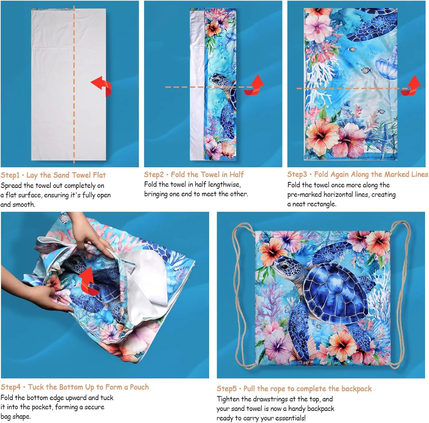 Sea Turtle Beach Towel Bag - Summer Multi-Functional Microfiber Beach Blanket Flower Printed Drawstring Bag for Travel