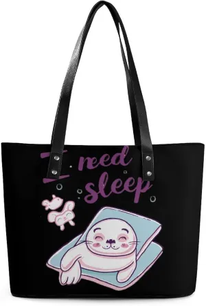 Seal I Need Sleep Women's Tote Shoulder Bag Handbag Top Handle Leather 29 * 34 * 14cm