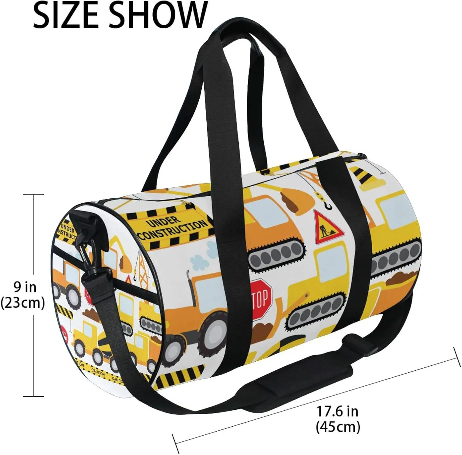 Seamless Yellow Construction Vehicles on White Portable Gym Bag, Travel Bag, Luggage bag, Sports Bag, Toiletry Bag with Handles, Detachable Shoulder Strap 17.6 x 9 x 9 inch