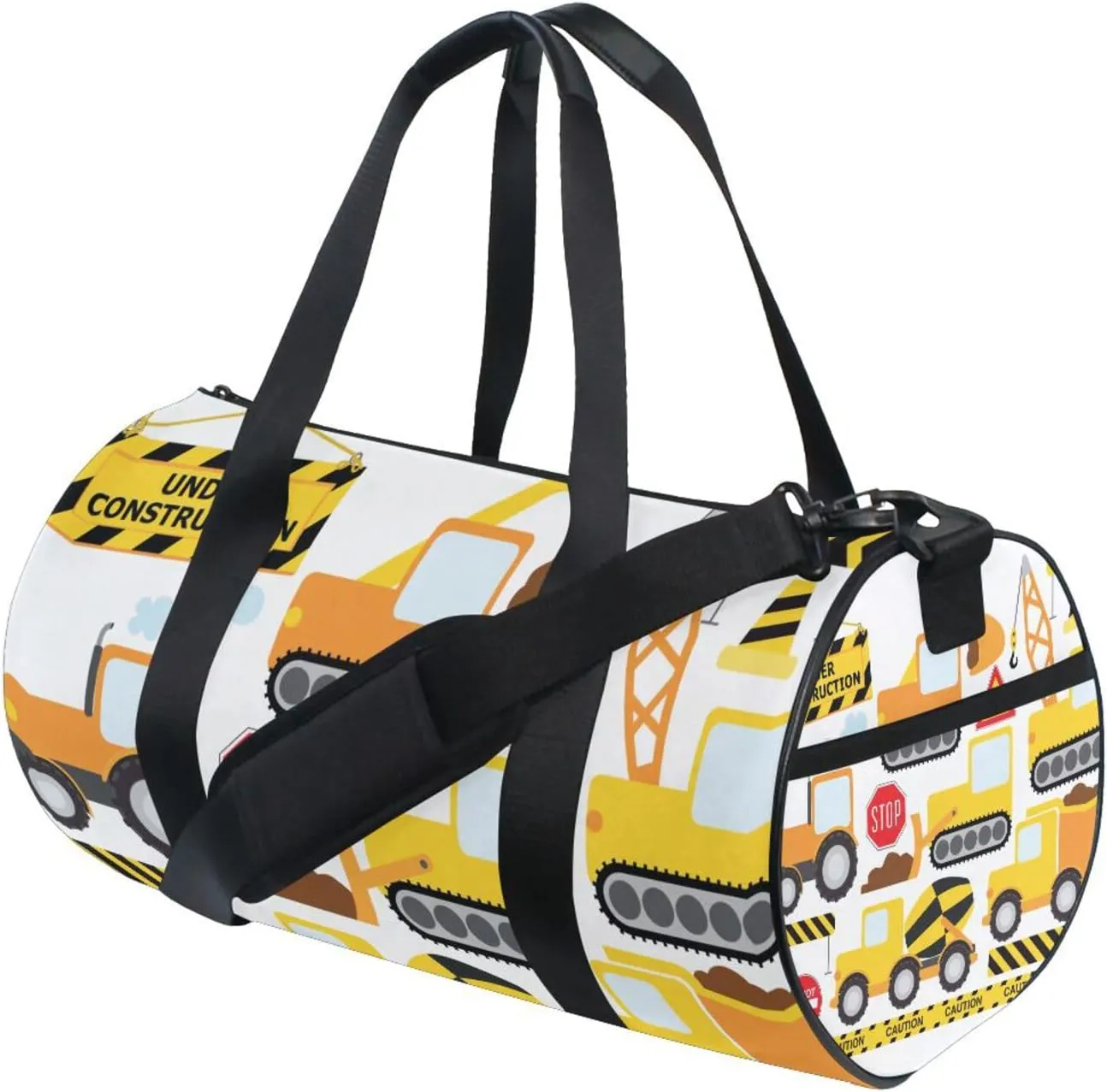 Seamless Yellow Construction Vehicles on White Portable Gym Bag, Travel Bag, Luggage bag, Sports Bag, Toiletry Bag with Handles, Detachable Shoulder Strap 17.6 x 9 x 9 inch