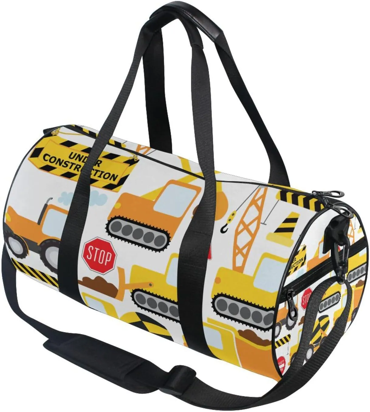 Seamless Yellow Construction Vehicles on White Portable Gym Bag, Travel Bag, Luggage bag, Sports Bag, Toiletry Bag with Handles, Detachable Shoulder Strap 17.6 x 9 x 9 inch