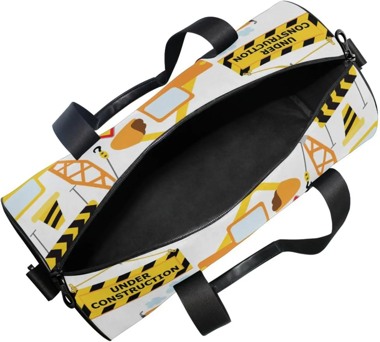 Seamless Yellow Construction Vehicles on White Portable Gym Bag, Travel Bag, Luggage bag, Sports Bag, Toiletry Bag with Handles, Detachable Shoulder Strap 17.6 x 9 x 9 inch