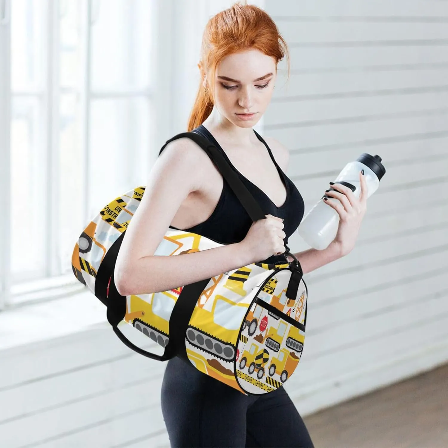 Seamless Yellow Construction Vehicles on White Portable Gym Bag, Travel Bag, Luggage bag, Sports Bag, Toiletry Bag with Handles, Detachable Shoulder Strap 17.6 x 9 x 9 inch