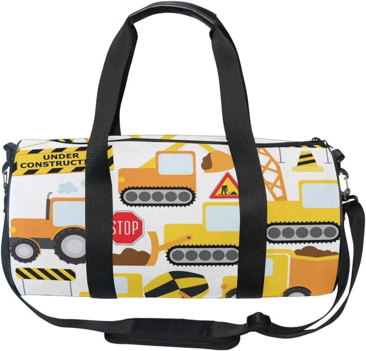 Seamless Yellow Construction Vehicles on White Portable Gym Bag, Travel Bag, Luggage bag, Sports Bag, Toiletry Bag with Handles, Detachable Shoulder Strap 17.6 x 9 x 9 inch