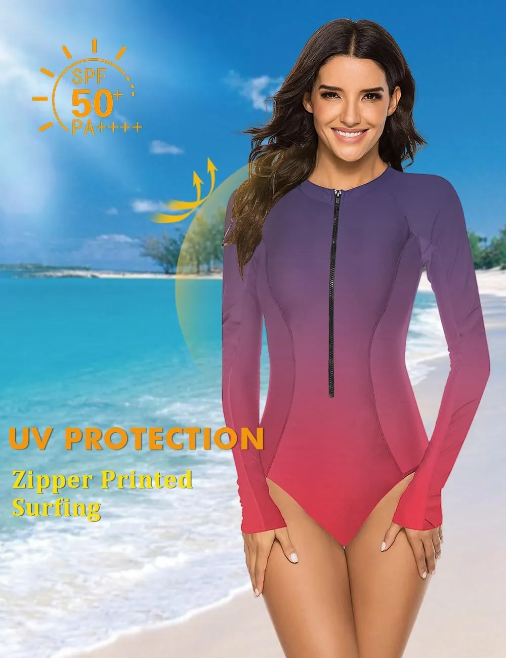 SELINK Women's Long Sleeve Rash Guard UV Protection Zipper Printed Surfing One Piece Swimsuit Bathing Suit