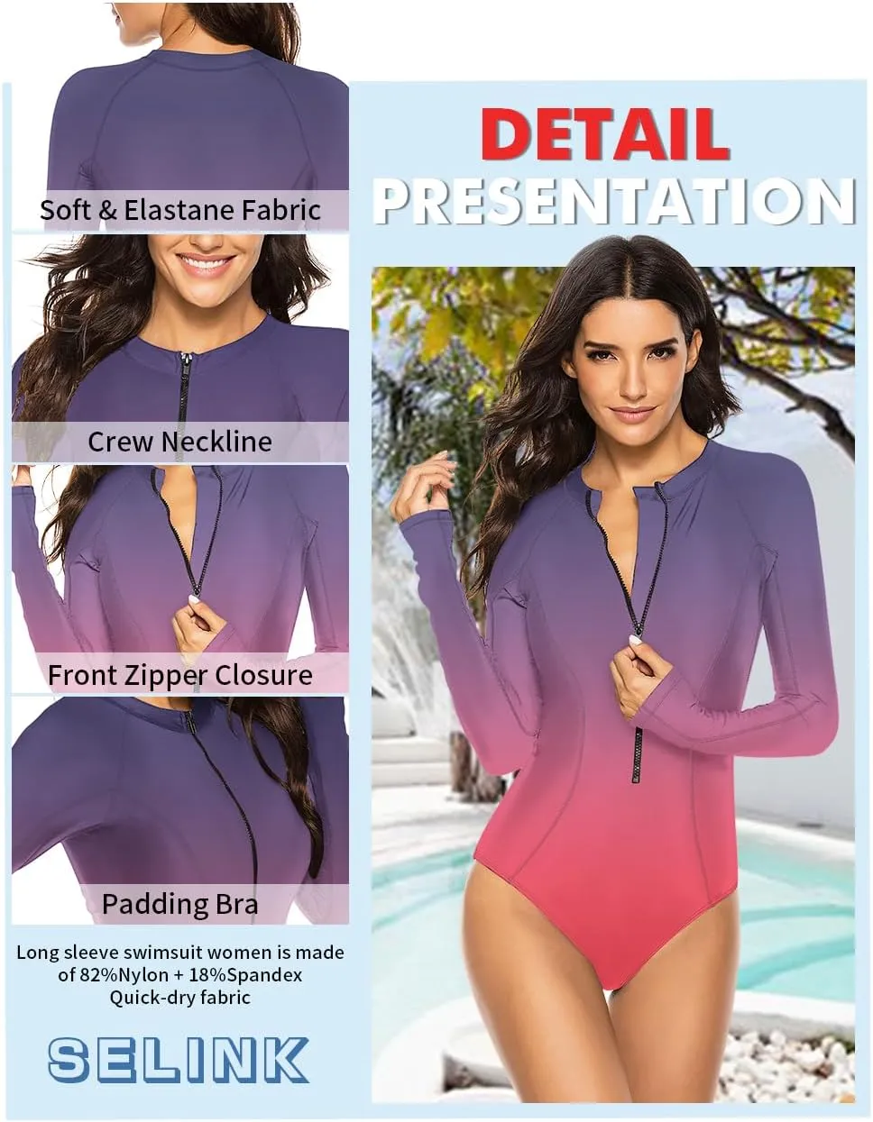 SELINK Women's Long Sleeve Rash Guard UV Protection Zipper Printed Surfing One Piece Swimsuit Bathing Suit