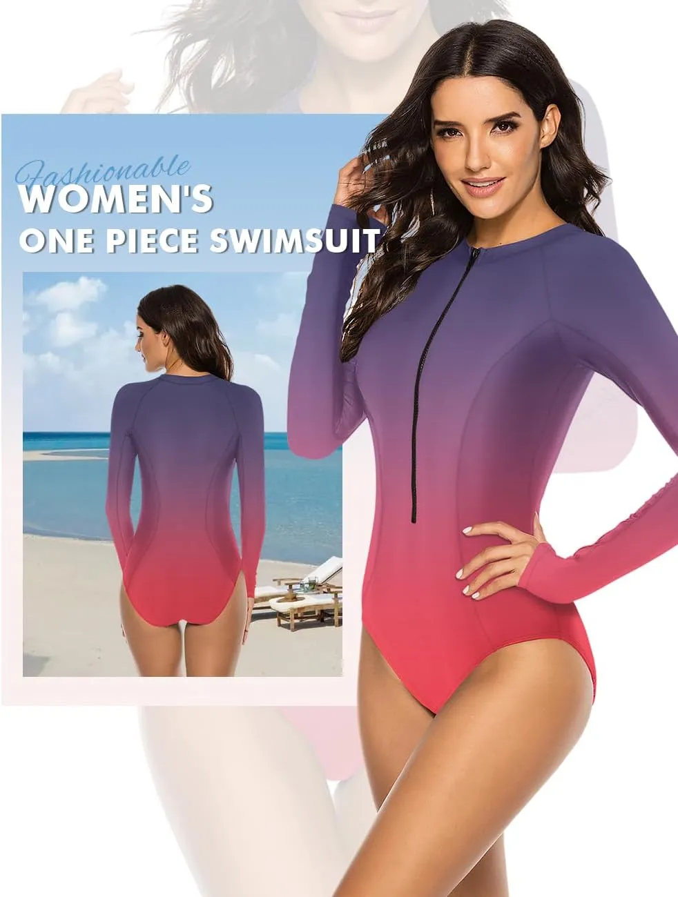 SELINK Women's Long Sleeve Rash Guard UV Protection Zipper Printed Surfing One Piece Swimsuit Bathing Suit