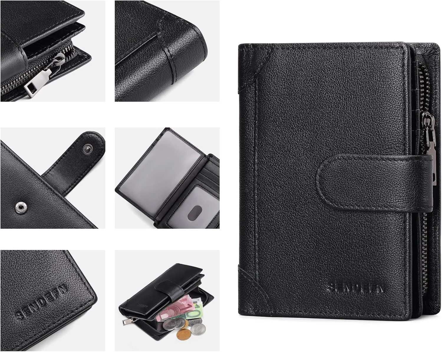 SENDEFN Men's Wallet Genuine Leather Wallets for Men RFID Blocking Card Holder with Zipper Coin Purse