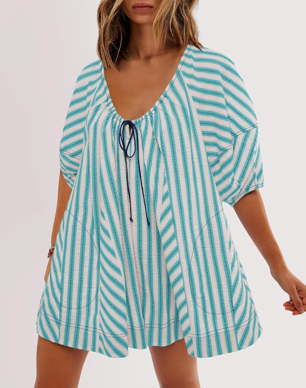SENSERISE Womens Striped Romper Puff Sleeve Mini Shorts Romper Dress Beach Vacation Outfits with Pockets
