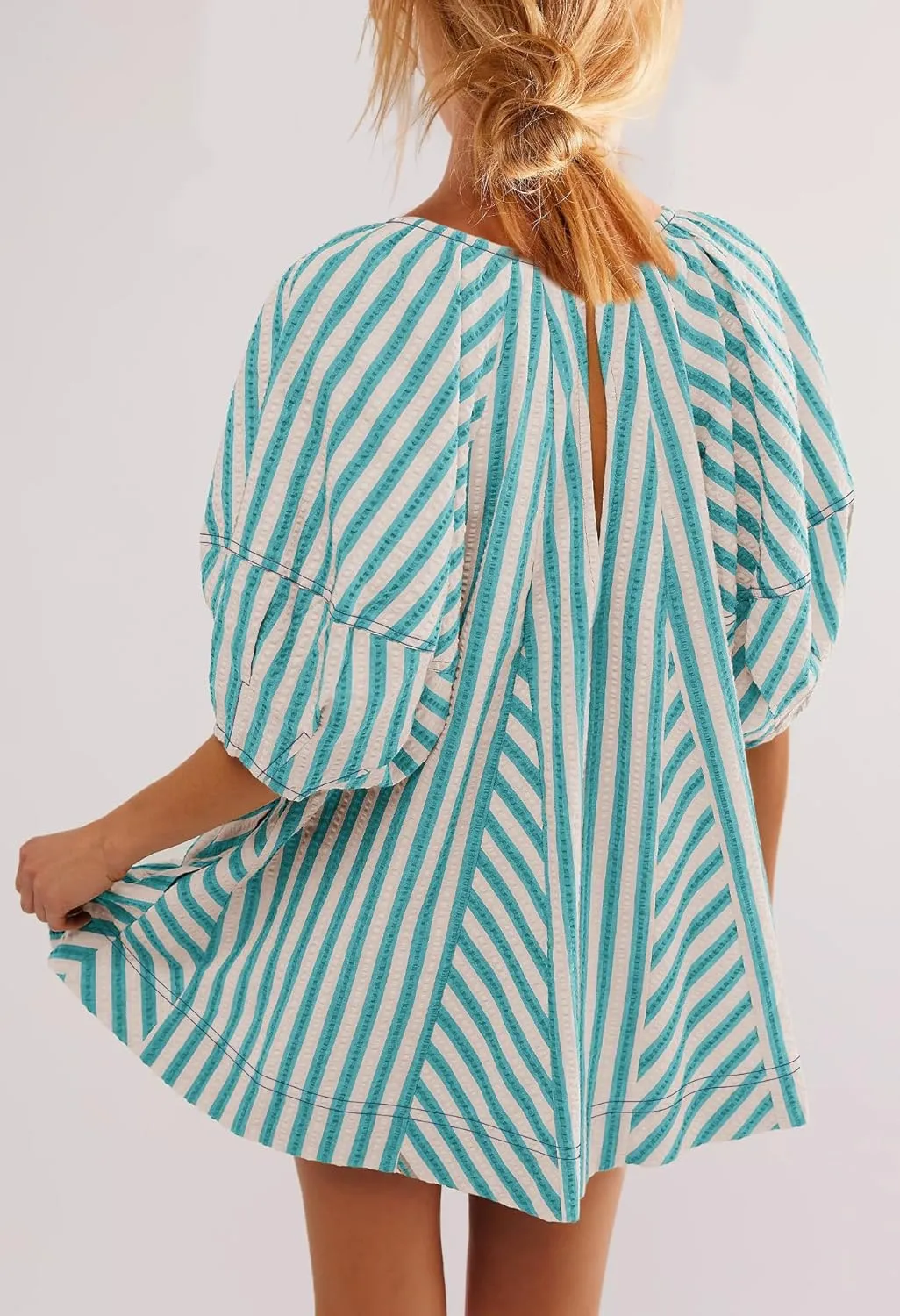 SENSERISE Womens Striped Romper Puff Sleeve Mini Shorts Romper Dress Beach Vacation Outfits with Pockets