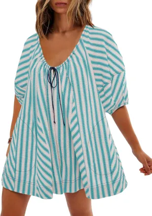 SENSERISE Womens Striped Romper Puff Sleeve Mini Shorts Romper Dress Beach Vacation Outfits with Pockets