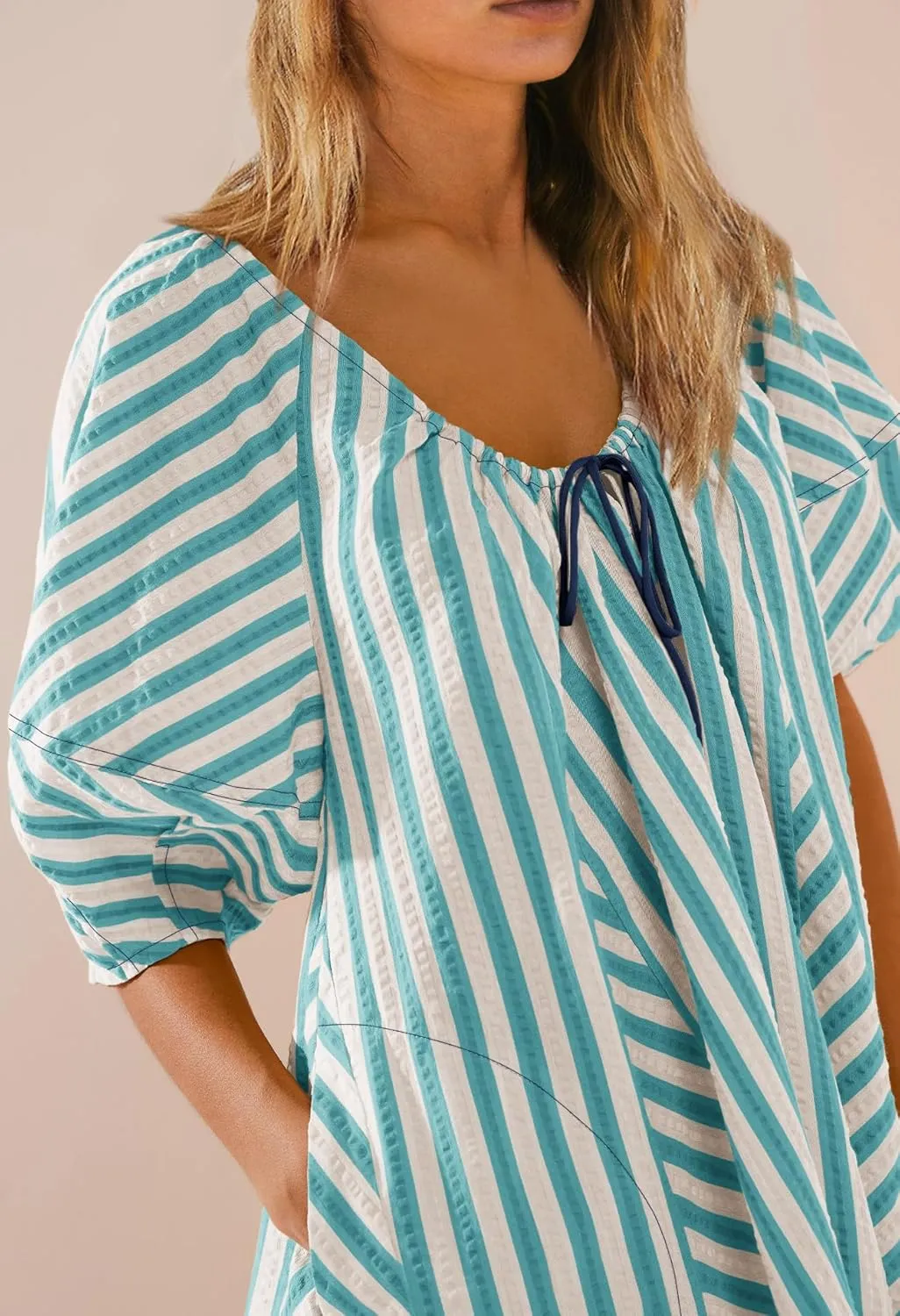 SENSERISE Womens Striped Romper Puff Sleeve Mini Shorts Romper Dress Beach Vacation Outfits with Pockets