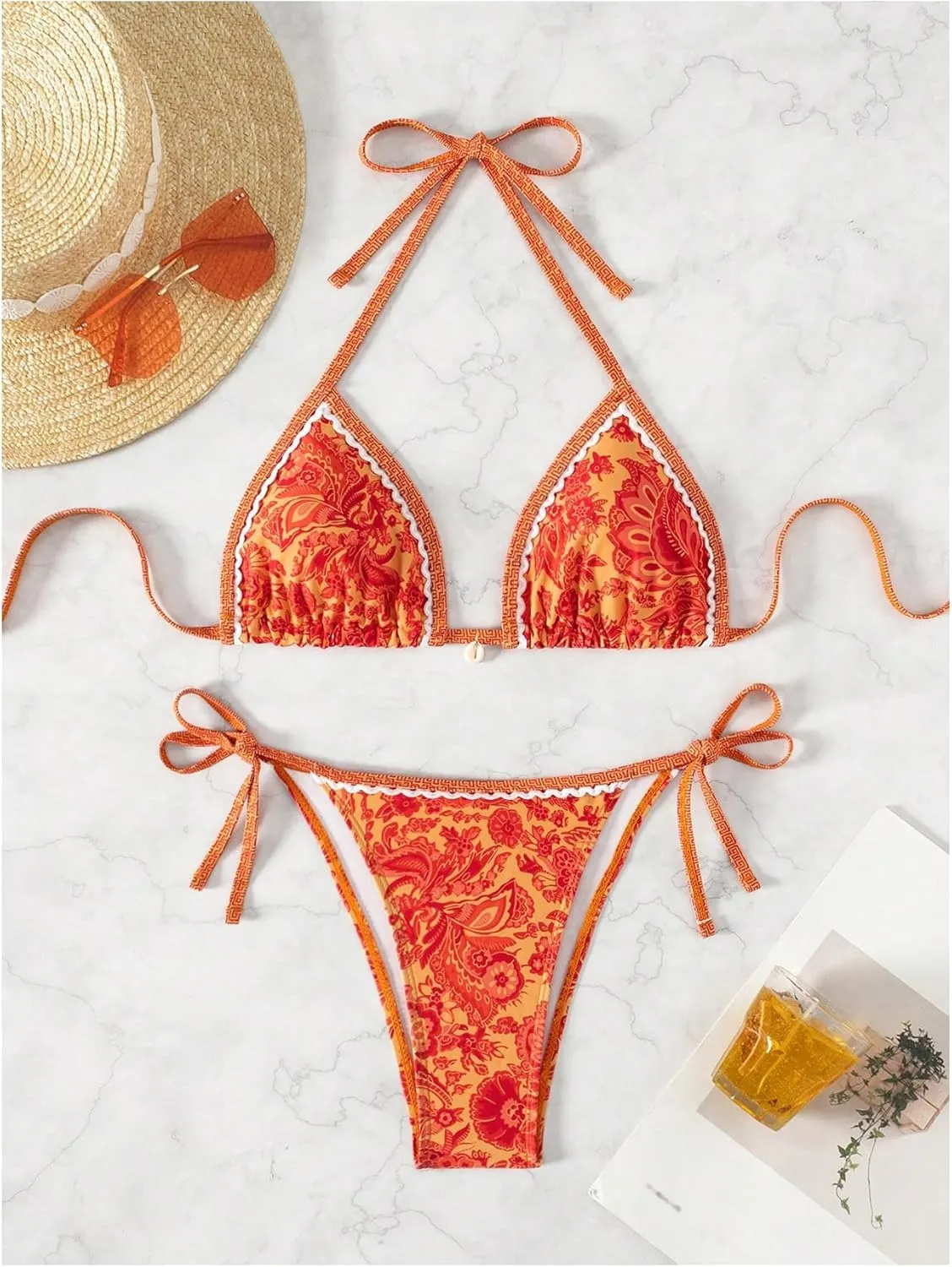 SHENHE Women's 2 Piece Halter Swimsuit Textured Tie Side Triangle Bikini Bathing Suit